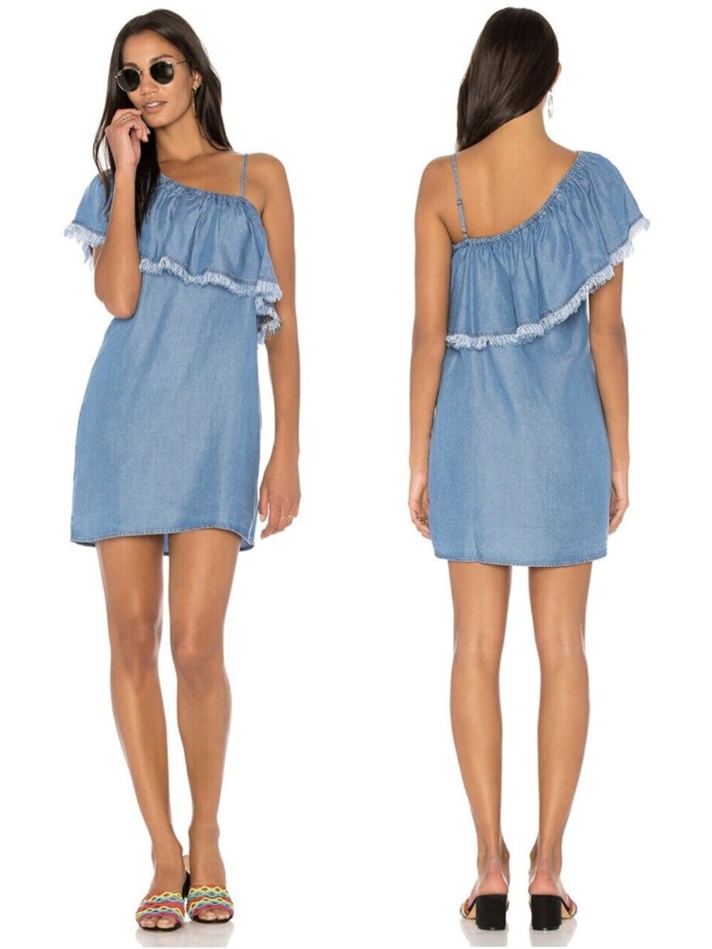NWT Splendid Indigo Chambray One Shoulder Fringe Boho Mini Dress